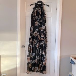 Betsy and Adam metallic floral semi formal dress